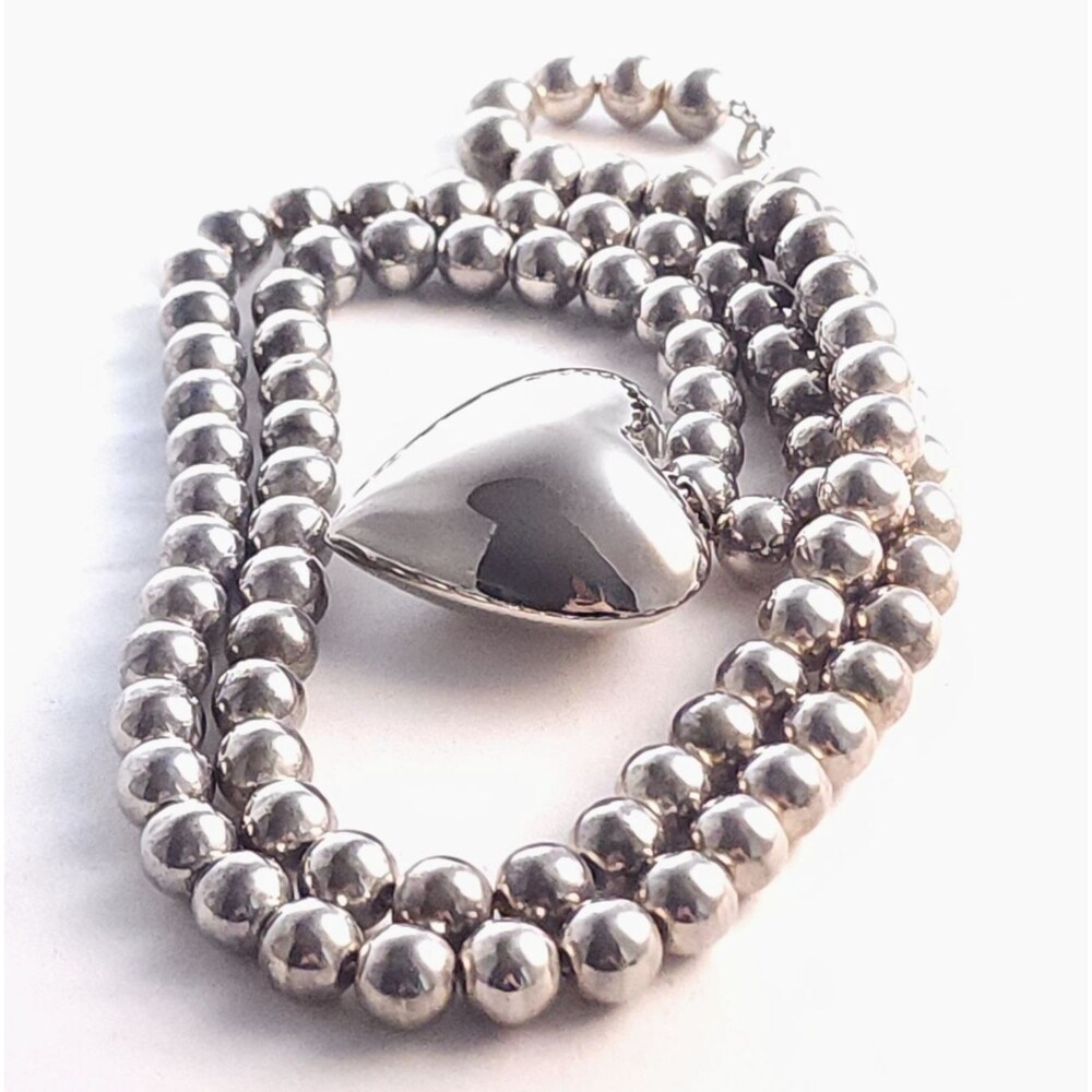 Y2K Style Puffy Heart Necklace Silver Tone 10mm Beads Long 36" Statement